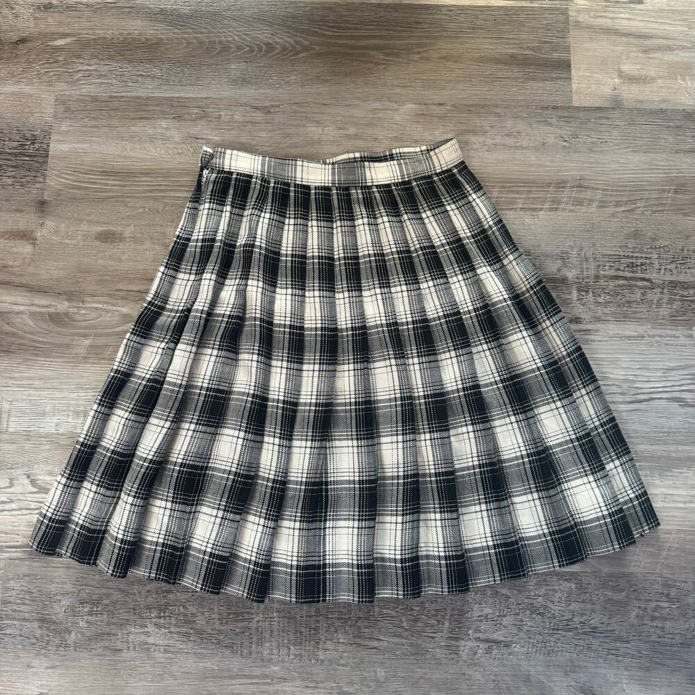 Vintage 90s Talbots Plaid Pleated Skirt Black White Made USA Preppy Academia 8